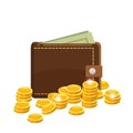 Golden coins and wallet with dollars bank notes in purse. Saving money concept. Vector illustration, cartoon style Royalty Free Stock Photo