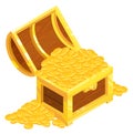 Golden coins in wooden chest. Cartoon isometric icon