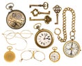 Golden collectible accessories. antique keys, clock, glasses, co Royalty Free Stock Photo