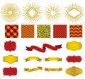 Golden collection of christmas patterns, sunburst, ribbons and labels.