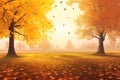 Golden color autumn forest landscape with red, orange foliage in the fall park Royalty Free Stock Photo