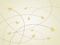 Golden color flight routes of paper plane or aircraft with crossing lines