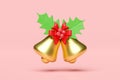 golden color Jingle bell with red bow, holly berry leaves isolated on pink background. merry christmas and happy new year, 3d Royalty Free Stock Photo