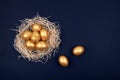 Golden colored Easter eggs in decorative nest on dark blue background. Copy space.