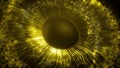 Golden colored human digital iris lines after a blast scattering out of a bright circle and forming volumetric human