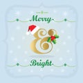 Golden and colorful Christmas Holiday Merry and Bright with hat, mistletoe, and snowflakes decoration icons