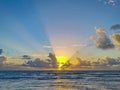 Golden colorful sunrise sunset with sunbeams tropical beach Tulum Mexico Royalty Free Stock Photo