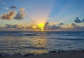 Golden colorful sunrise sunset with sunbeams tropical beach Tulum Mexico Royalty Free Stock Photo