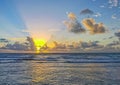 Golden colorful sunrise sunset with sunbeams tropical beach Tulum Mexico Royalty Free Stock Photo