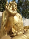 A golden colour lord Buddha statue with raised hands, bleesing posture wth meditation state Royalty Free Stock Photo