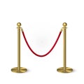 Golden column barrier with red rope. Gold luxury VIP design element for exhibition pavilion, auto show, theatre and