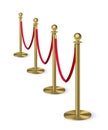 Golden column barrier with red rope. Gold luxury VIP design element for exhibition pavilion, auto show, theatre and Royalty Free Stock Photo