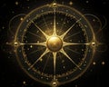 a golden compass on a black background with stars Royalty Free Stock Photo