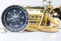 Golden Compass guiding business investment, stock, money trading in right direction to wealth, rich, success, fortune. Vision, Key Royalty Free Stock Photo