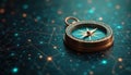 Golden compass rests on abstract digital network background. Navigate through data streams, charting digital course. Find Royalty Free Stock Photo