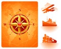 Golden compass rose, world map & retro transport Royalty Free Stock Photo