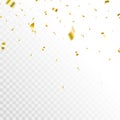 Golden confetti background. Celebrate event card. Glitter falling paper. Anniversary party. Carnival serpentine and