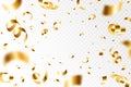 Golden confetti explosion. Falling shiny gold serpentine, flying ribbons. Glossy gold paper pieces fly, scatter around Royalty Free Stock Photo