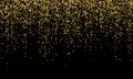 Golden confetti and falling gold glitter, black vector background. Carnival or birthday party glowing golden confetti background