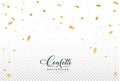 Golden confetti falling isolated on transparent background. Golden party tinsel and confetti falling. Carnival elements. Birthday Royalty Free Stock Photo