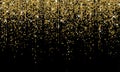 Golden confetti falling on sparkling gold glitter background. Vector carnival party golden confetti glow on black background