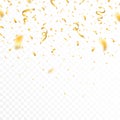 Golden confetti and festive ribbons. Falling realistic glitters with confetti, defocused and bokeh effect, transparent background Royalty Free Stock Photo