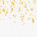 Golden confetti and festive ribbons. Falling realistic glitters with confetti, defocused and bokeh effect