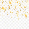 Golden confetti and festive ribbons. Falling realistic glitters with confetti, defocused and bokeh effect Royalty Free Stock Photo