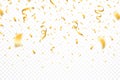 Golden confetti and festive ribbons. Falling realistic glitters with confetti, defocused and bokeh effect Royalty Free Stock Photo