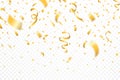 Golden confetti and festive ribbons. Falling realistic glitters with confetti, defocused and bokeh effect Royalty Free Stock Photo