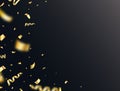 Golden confetti frame on dark background. Falling glowing gold confetti border. Party backdrop. Bright golden festive Royalty Free Stock Photo