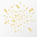 Golden confetti. Gold 3D party shiny flying particles. Vector falling carnival decoration for flyer greeting card