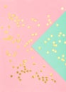 Golden confetti pink turquoise flat lay background