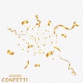 Golden confetti, ribbons isolated on a transparent background. Festive vector illustration. Festive event and party. Royalty Free Stock Photo