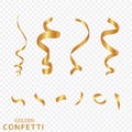 Golden confetti, ribbons isolated on a transparent background. Festive vector illustration. Festive event and party. Royalty Free Stock Photo