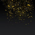 Golden Confetti. Vector Festive Illustration of Falling Shiny Confetti Isolated on Transparent Checkered Background. Holiday Decor Royalty Free Stock Photo