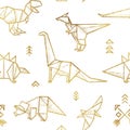 Golden contour origami dinosaurs seamless pattern. Fun design for background, fabric, wrapping.