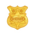 Golden cop s badge with stars and engraved word sheriff. Cartoon vector illustration in flat style.