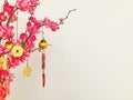 Golden copper coins, golden orange and charms hanging on peach blossom branches. copy space.