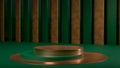 Golden and copper round stage, pedestal or podium over dark green paper background. Background or mockup for your