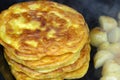 Golden corn cake with roast potatoes