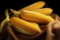 Golden Corn Cobs on Dark Textured Background