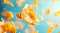Golden Cornflakes Flying Against Blue Background Royalty Free Stock Photo