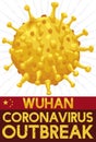 Golden Coronavirus and China Flag Commemorating the Wuhan Outbreak, Vector Illustration