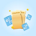 Golden coupons, vouchers with a percentage sign on flying gifts, flying shopping bag. For online sales and favorable Royalty Free Stock Photo