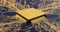 Golden CPU processor chip on a dark circuit board with glowing lines computer technology Royalty Free Stock Photo