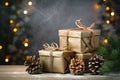 Golden craft paper wrapped gift boxes with pine cones and fir branches, on background soft-focused Christmas lights