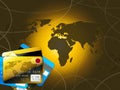 Golden credit cards and world map