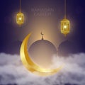 Golden crescent in clouds, lantern Fanus and Mosque. Muslim feast of the holy month of Ramadan Kareem. Vector