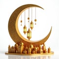 Golden crescent moon with Islamic architectural elements, hanging lanterns. Ornate design represents Ramadan, Eid celebrations, Royalty Free Stock Photo